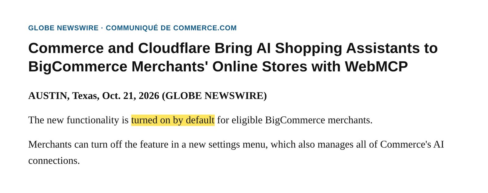 Excerpt from the Commerce and Cloudflare press release announcing WebMCP on BigCommerce stores