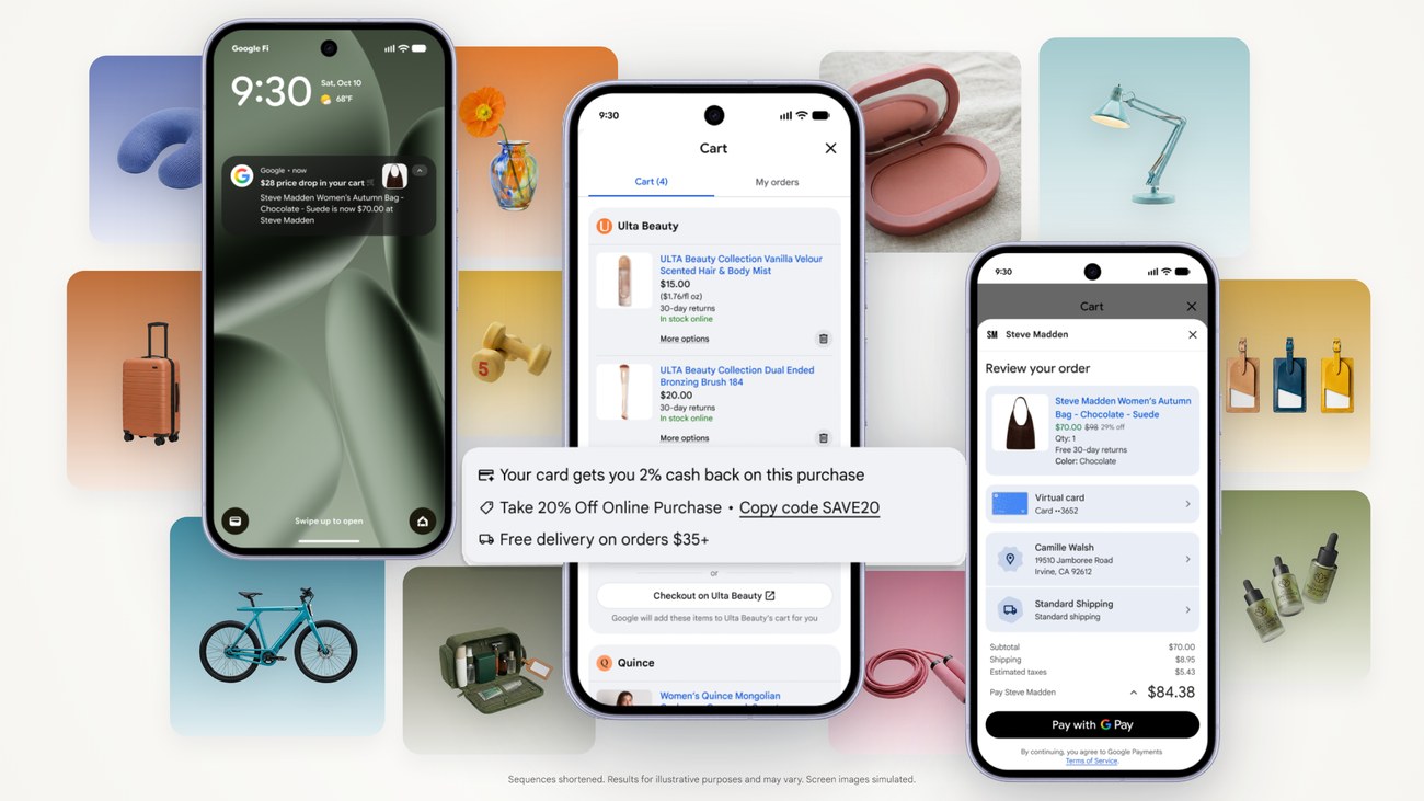 Google's official Universal Cart visual: a "$28 price drop in your cart" notification, a multi-merchant cart with "Copy code SAVE20" and a Google Pay checkout