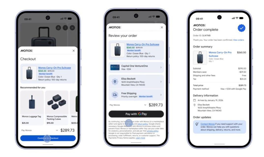 Three phone screens: checkout for a Monos suitcase inside Gemini, the Google Pay review step, then the order confirmation